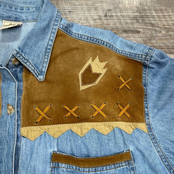 Vintage SAP Man Denim and Suede Button Up Long Sleeve Mens Shirt-Sz Large - Picture 6 of 12